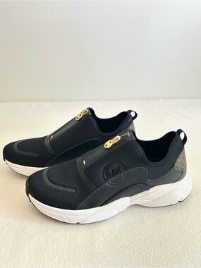 Michael Kors Sami Black Slip On Chunky Mesh Sneakers Gold Hardware